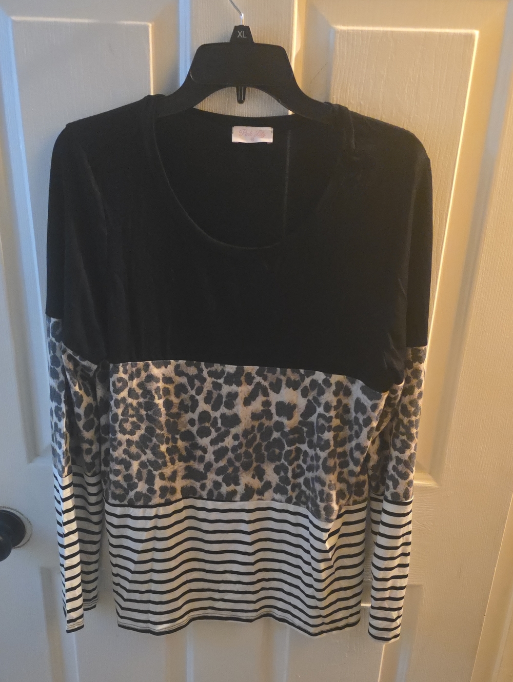Pink Lily Black Velvet Leopard & Striped Panel Sweater